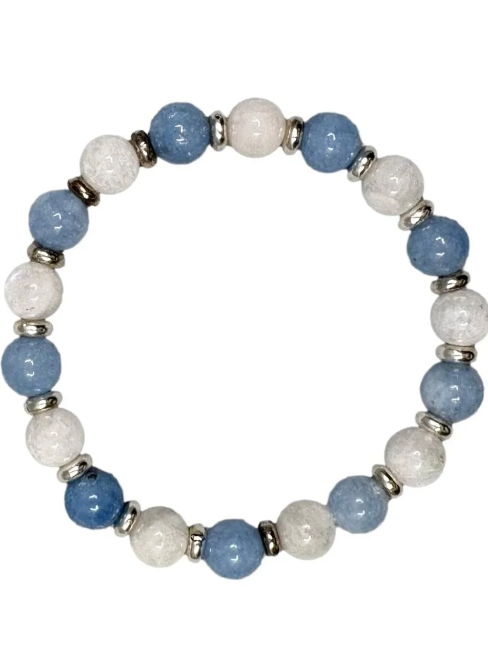 8mm Natural Aquamarine White Moonstone Gemstone Stretch Bracelet Silver Bead